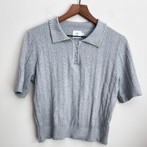Anthropologie Luna Ivy Pearl Studded Collar Sweater polo shirt sleeve grey L